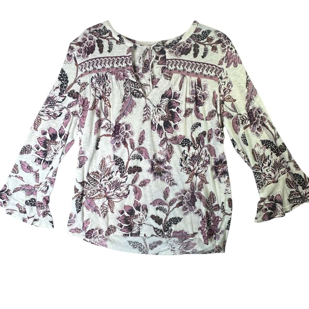 Lucky Brand Floral Bell Sleeve Peasant Top Boho Split‎ Neck Size M Purple Cream